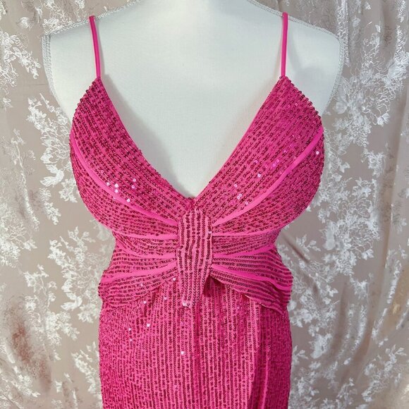 Love is For Eternity Hot Pink Sequined Butterfly Dress y2k Prom Formal Size L - Picture 2 of 10